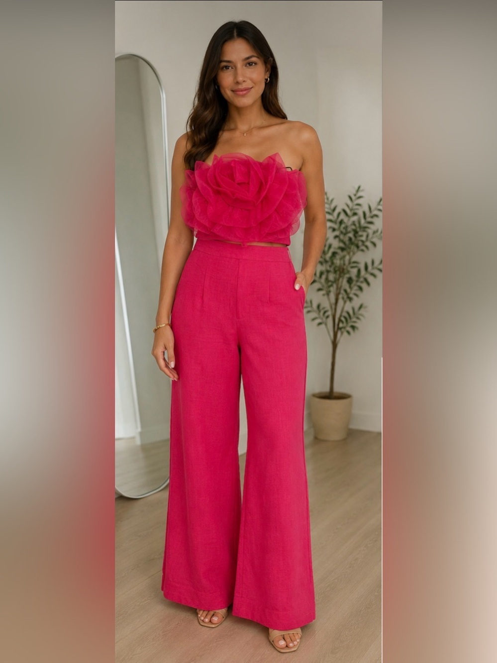Hot Pink High-Waist Wide-Leg Pants